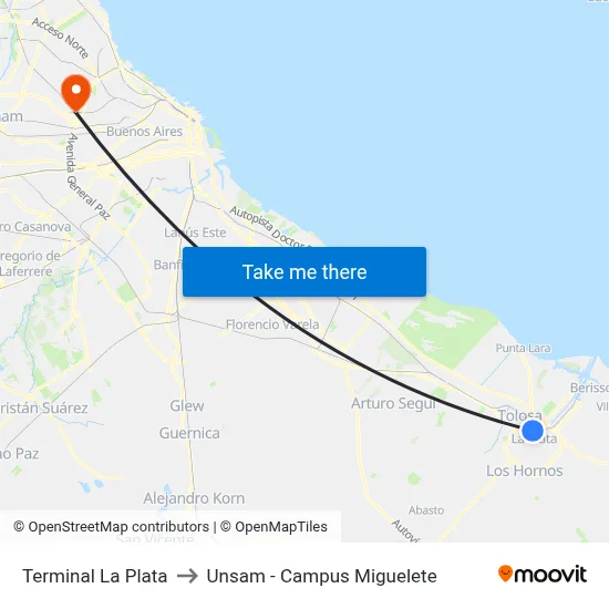 Terminal La Plata to Unsam - Campus Miguelete map