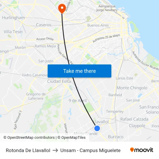 Rotonda De Llavallol to Unsam - Campus Miguelete map