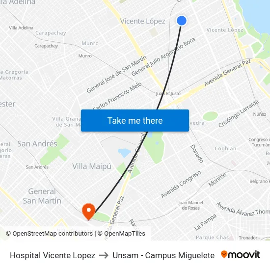 Hospital Vicente Lopez to Unsam - Campus Miguelete map
