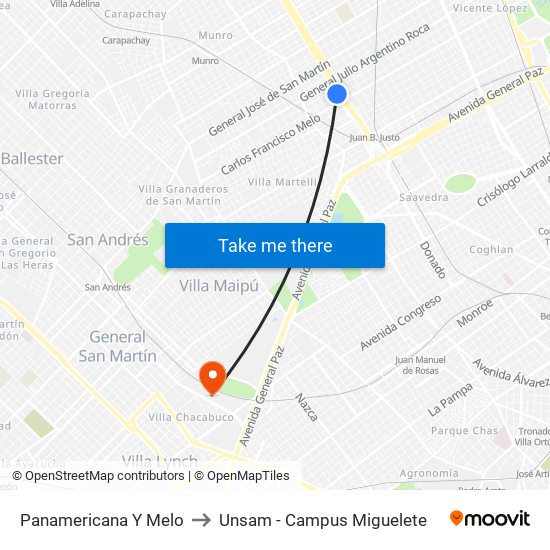 Panamericana Y Melo to Unsam - Campus Miguelete map