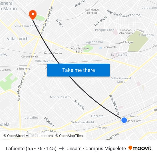 Lafuente (55 - 76 - 145) to Unsam - Campus Miguelete map