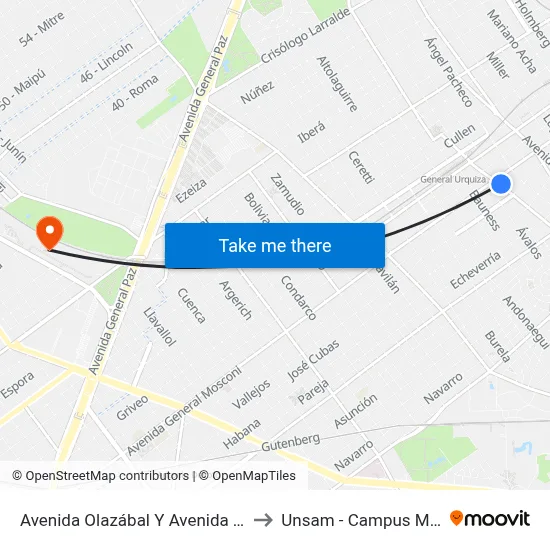Avenida Olazábal Y Avenida Triunvirato to Unsam - Campus Miguelete map