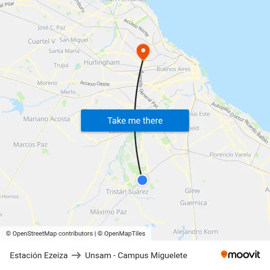 Estación Ezeiza to Unsam - Campus Miguelete map