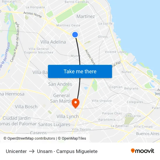 Unicenter to Unsam - Campus Miguelete map