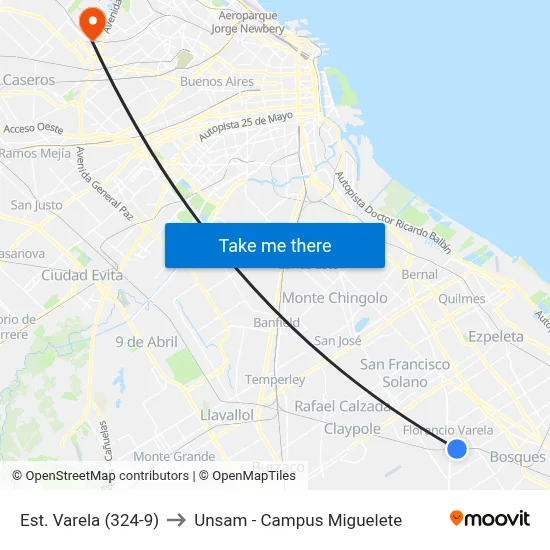 Est. Varela (324-9) to Unsam - Campus Miguelete map