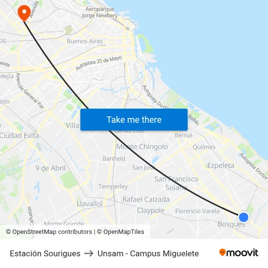 Estación Sourigues to Unsam - Campus Miguelete map