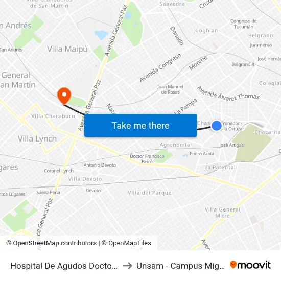Hospital De Agudos Doctor Tornú to Unsam - Campus Miguelete map