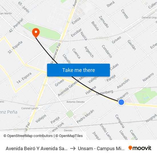 Avenida Beiró Y Avenida San Martín to Unsam - Campus Miguelete map