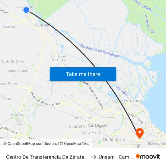 Centro De Transferencia De Zárate (194 - 204 - 228 - 429 - Combi) to Unsam - Campus Miguelete map