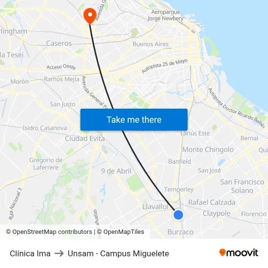 Clínica Ima to Unsam - Campus Miguelete map