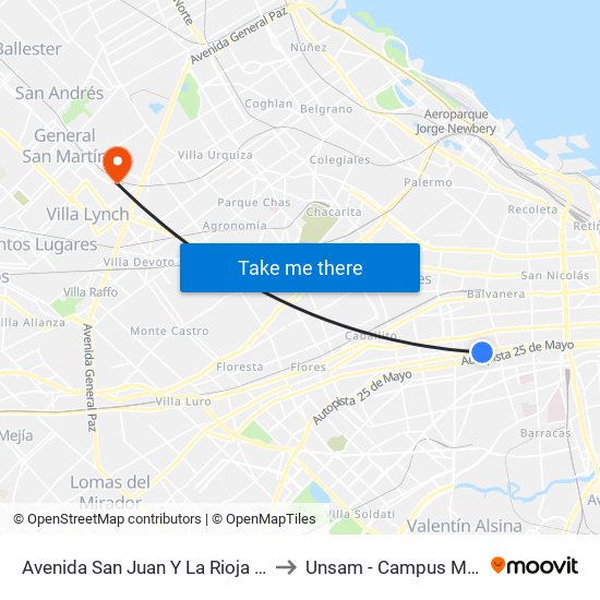 Avenida San Juan Y La Rioja (53 - 126) to Unsam - Campus Miguelete map