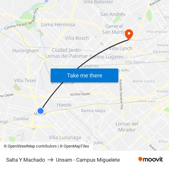 Salta Y Machado to Unsam - Campus Miguelete map