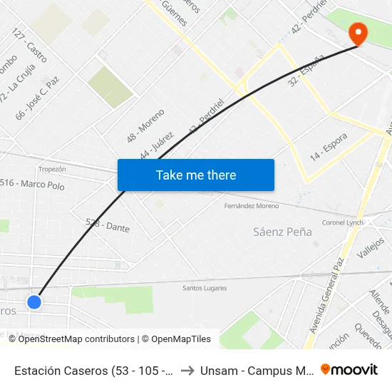 Estación Caseros (53 - 105 - 181 - 237) to Unsam - Campus Miguelete map