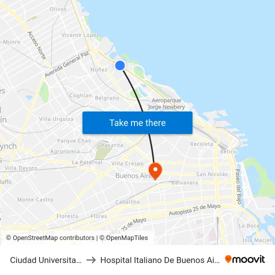 Ciudad Universitaria to Hospital Italiano De Buenos Aires map