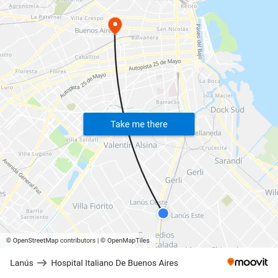 Lanús to Hospital Italiano De Buenos Aires map