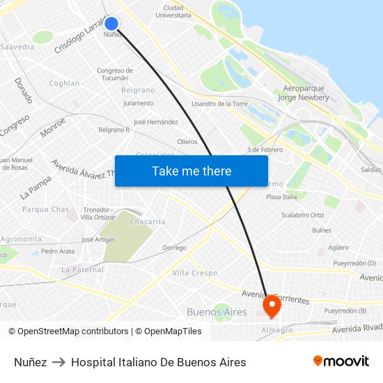 Nuñez to Hospital Italiano De Buenos Aires map