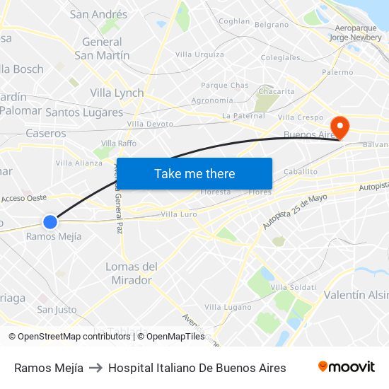 Ramos Mejía to Hospital Italiano De Buenos Aires map