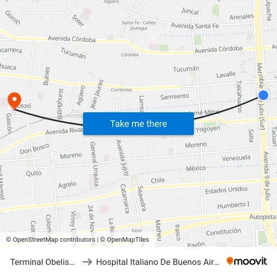 Terminal Obelisco to Hospital Italiano De Buenos Aires map