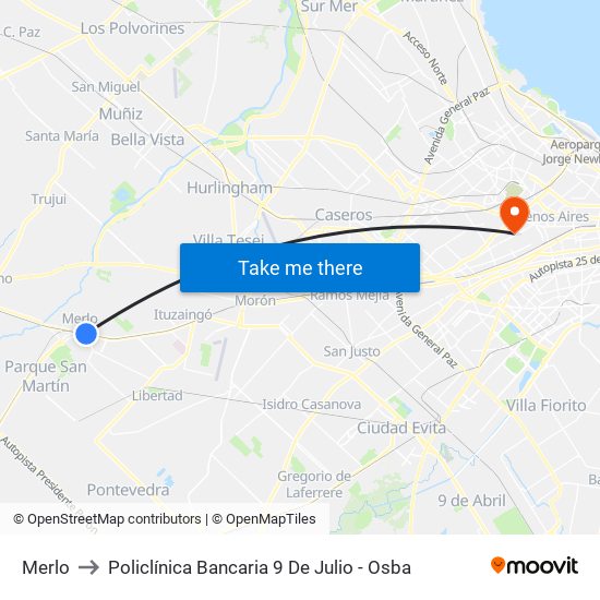 Merlo to Policlínica Bancaria 9 De Julio - Osba map