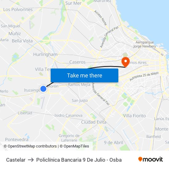 Castelar to Policlínica Bancaria 9 De Julio - Osba map
