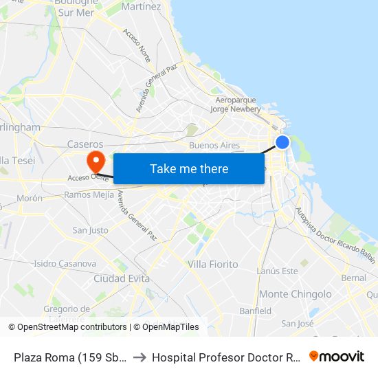 Plaza Roma (159 Sb - Sh - Sm) to Hospital Profesor Doctor Ramón Carrillo map