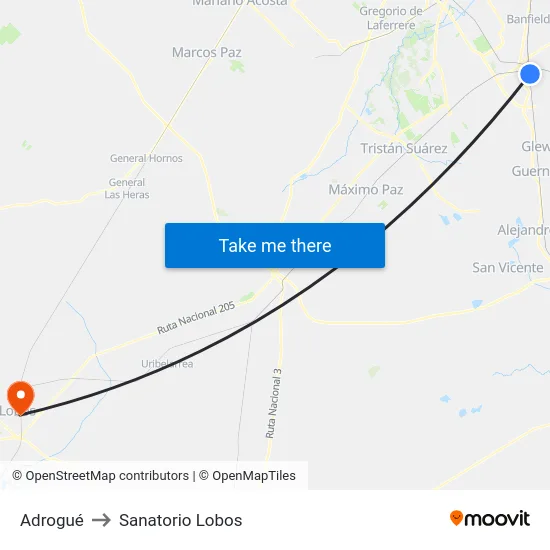 Adrogué to Sanatorio Lobos map