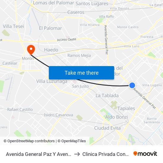 Avenida General Paz Y Avenida Eva Perón to Clinica Privada Constituyentes map