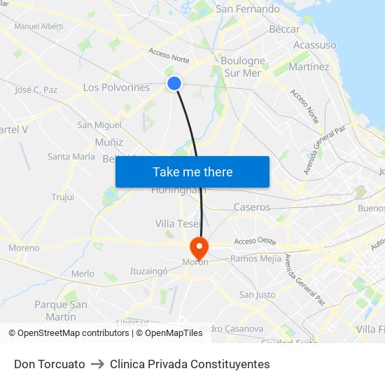 Don Torcuato to Clinica Privada Constituyentes map