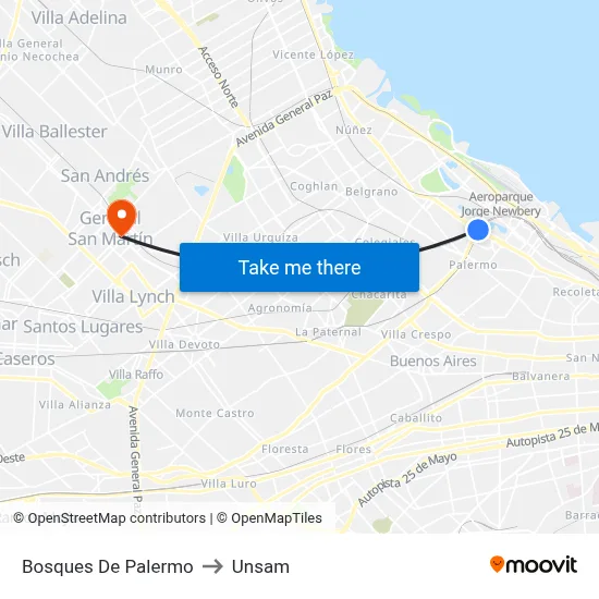 Bosques De Palermo to Unsam map