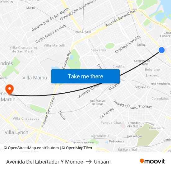 Avenida Del Libertador Y Monroe to Unsam map