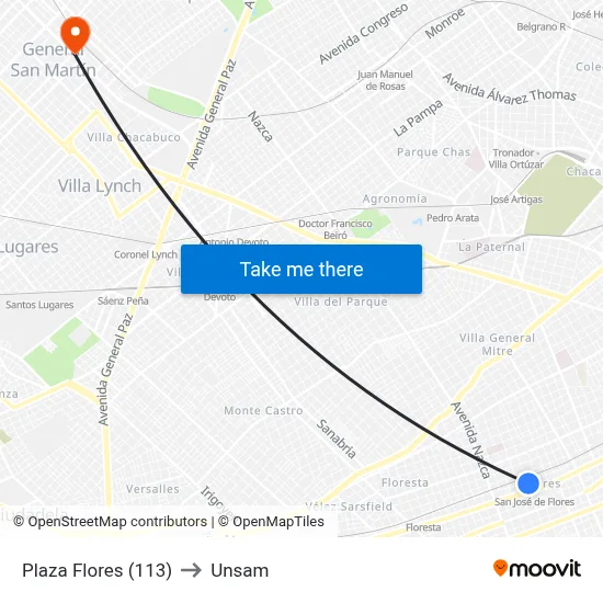 Plaza Flores (113) to Unsam map