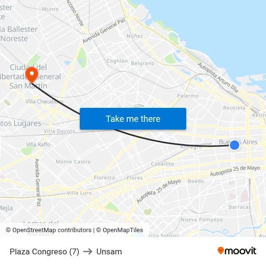 Plaza Congreso (7) to Unsam map