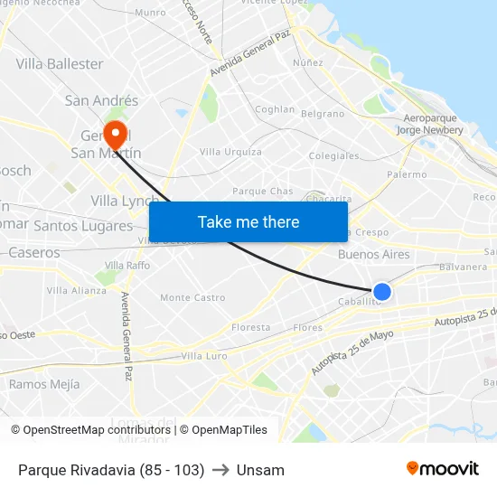 Parque Rivadavia (85 - 103) to Unsam map