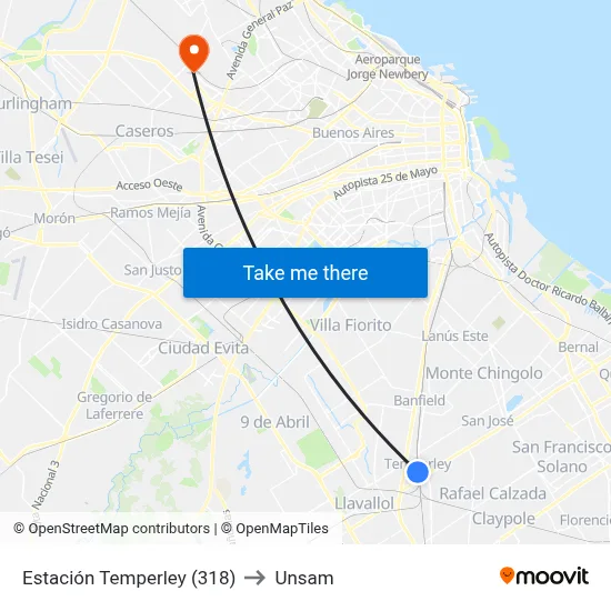Estación Temperley (318) to Unsam map