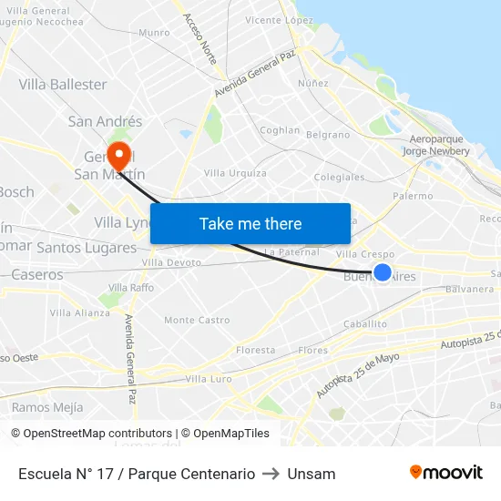 Escuela N° 17 / Parque Centenario to Unsam map