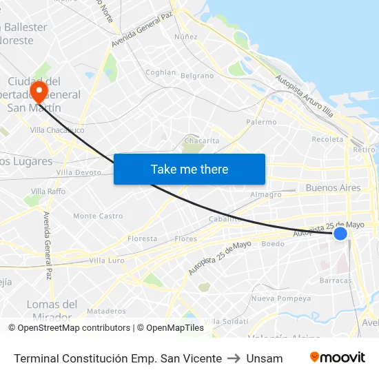 Terminal Constitución Emp. San Vicente to Unsam map
