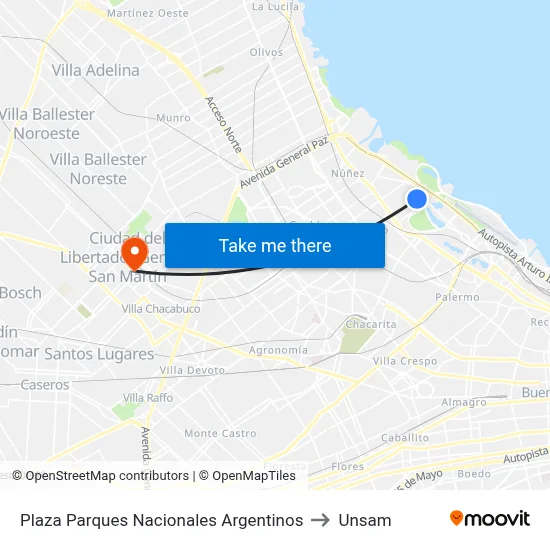 Plaza Parques Nacionales Argentinos to Unsam map