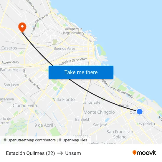 Estación Quilmes (22) to Unsam map