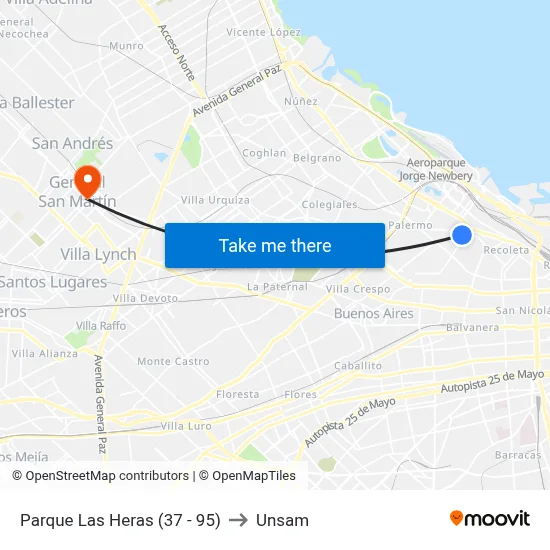 Parque Las Heras (37 - 95) to Unsam map