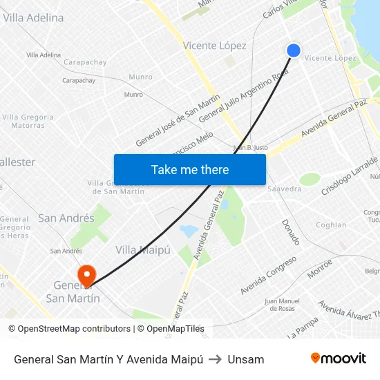General San Martín Y Avenida Maipú to Unsam map