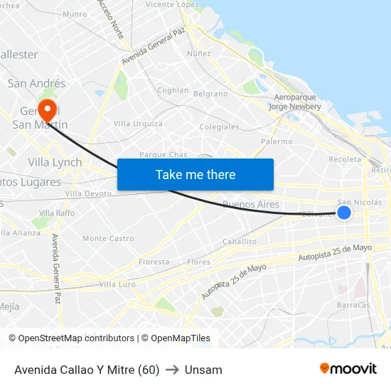 Avenida Callao Y Mitre (60) to Unsam map