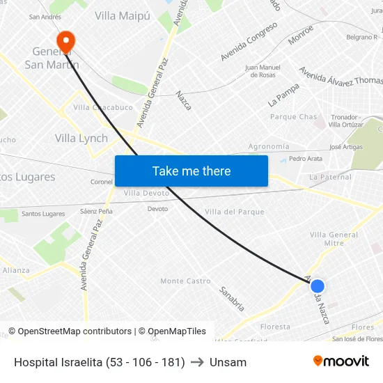 Hospital Israelita (53 - 106 - 181) to Unsam map