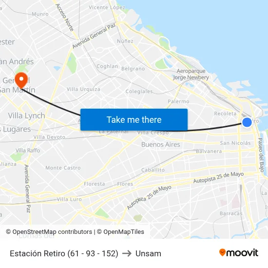 Estación Retiro (61 - 93 - 152) to Unsam map