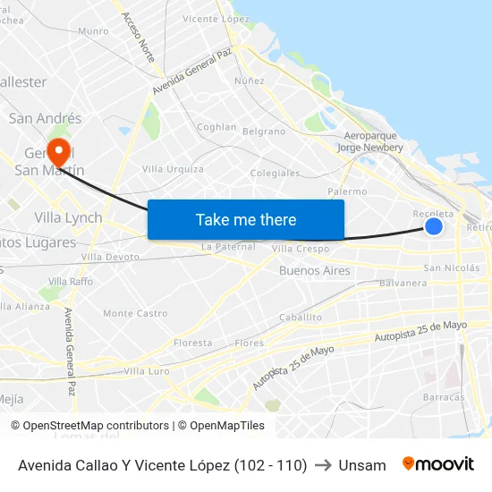 Avenida Callao Y Vicente López (102 - 110) to Unsam map