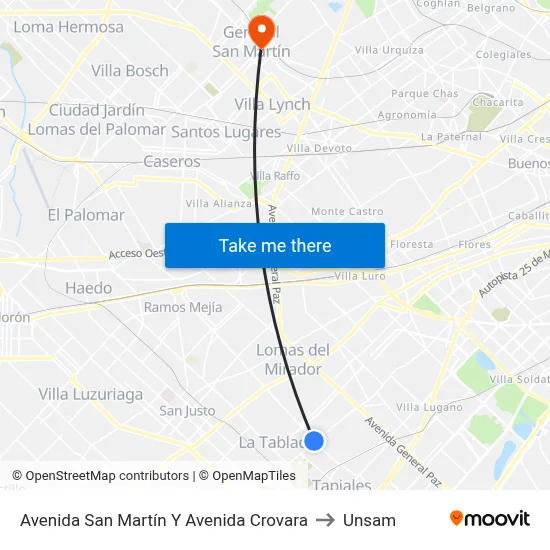 Avenida San Martín Y Avenida Crovara to Unsam map