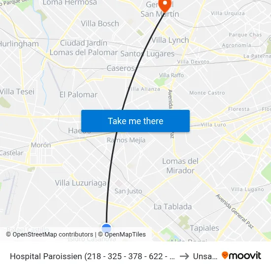 Hospital Paroissien (218 - 325 - 378 - 622 - 630) to Unsam map