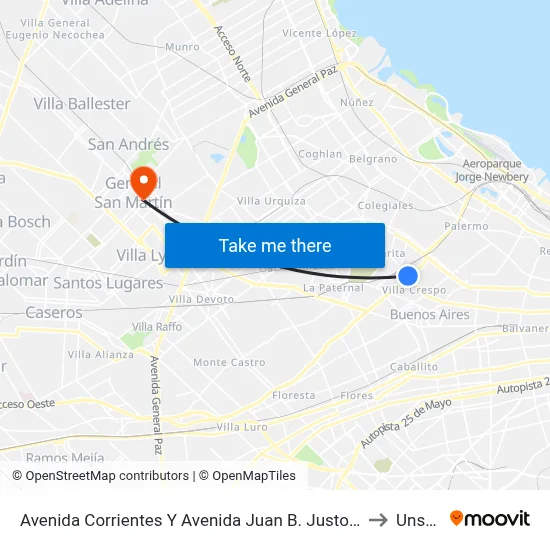 Avenida Corrientes Y Avenida Juan B. Justo (19 - 71) to Unsam map
