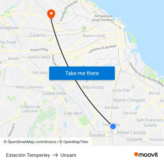 Estación Temperley to Unsam map
