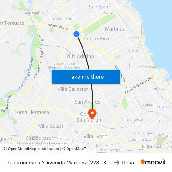 Panamericana Y Avenida Márquez (228 - 365) to Unsam map