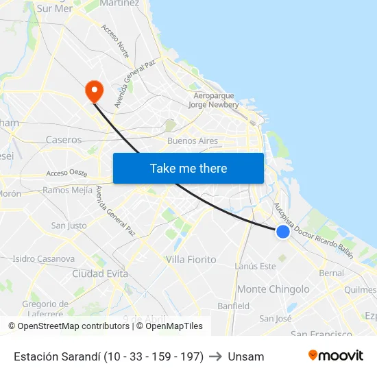 Estación Sarandí (10 - 33 - 159 - 197) to Unsam map